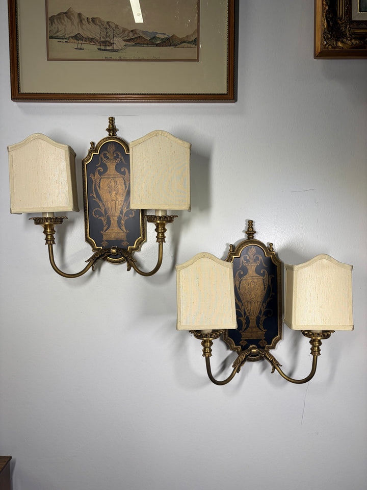 Pair of Antiqued Brass Two-Light Wall Sconces in Original Box