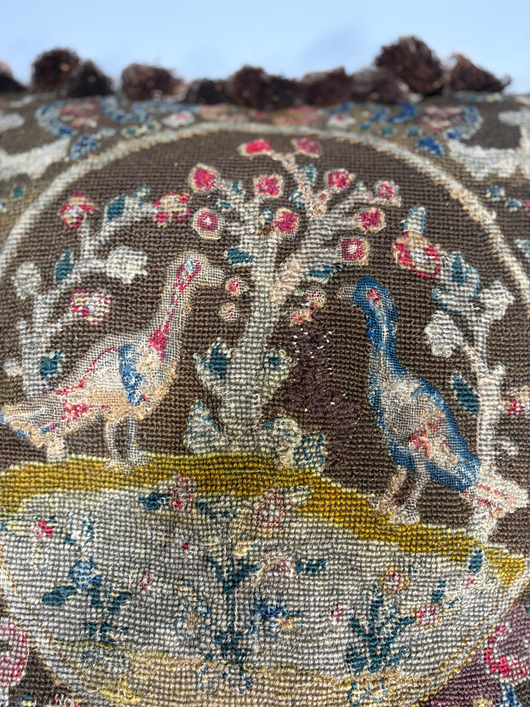Needlepoint Tapestry Pillow with Birds and Floral Medallion