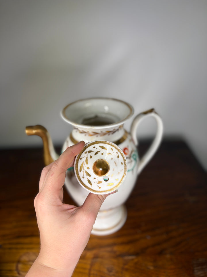 Antique Porcelain Tea/Coffee Service Set with Green Scrollwork & Gilt Decoration