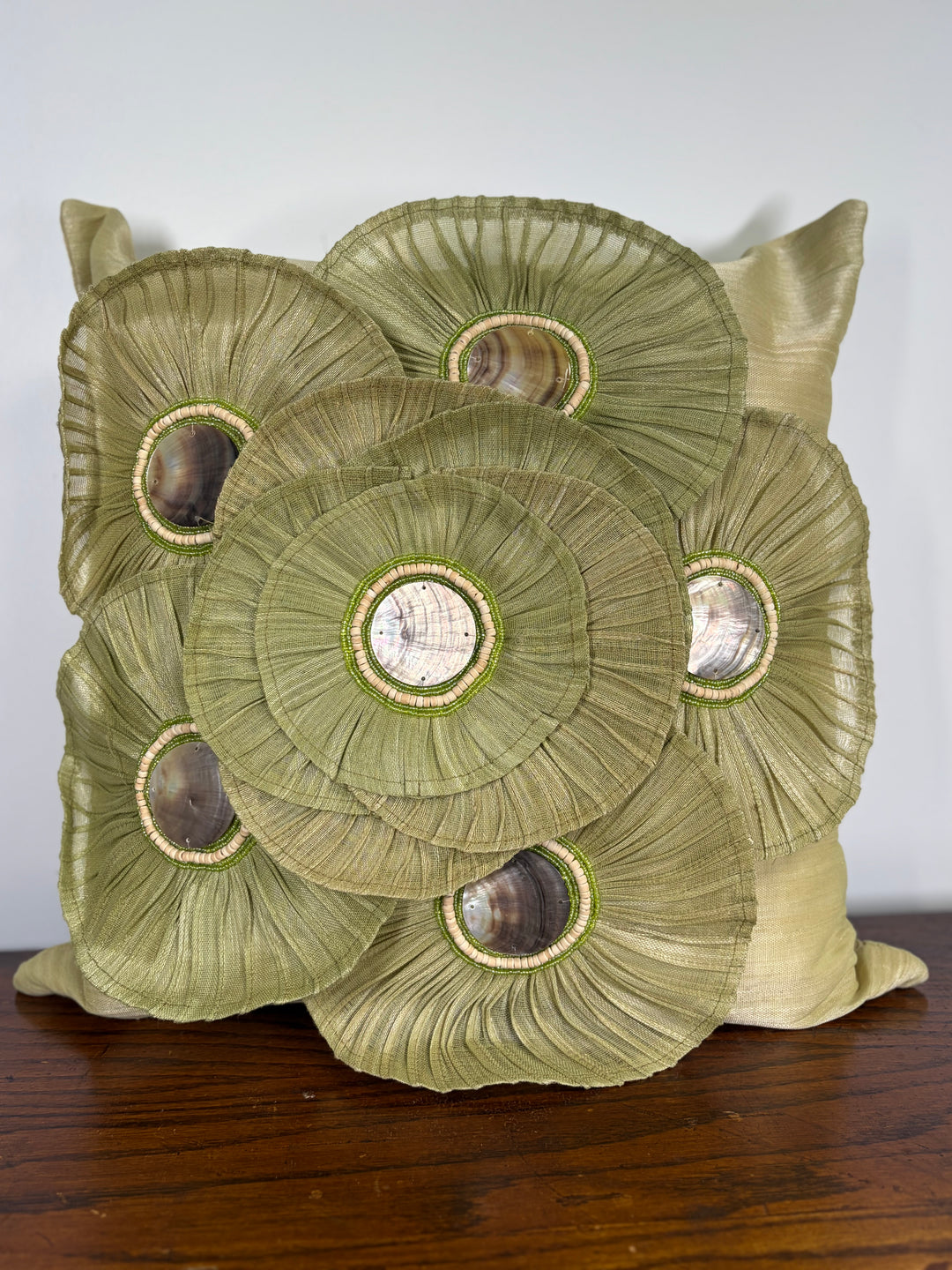 Green Silk Decorative Pillow with Pleated Rosettes and Shell Embellishments