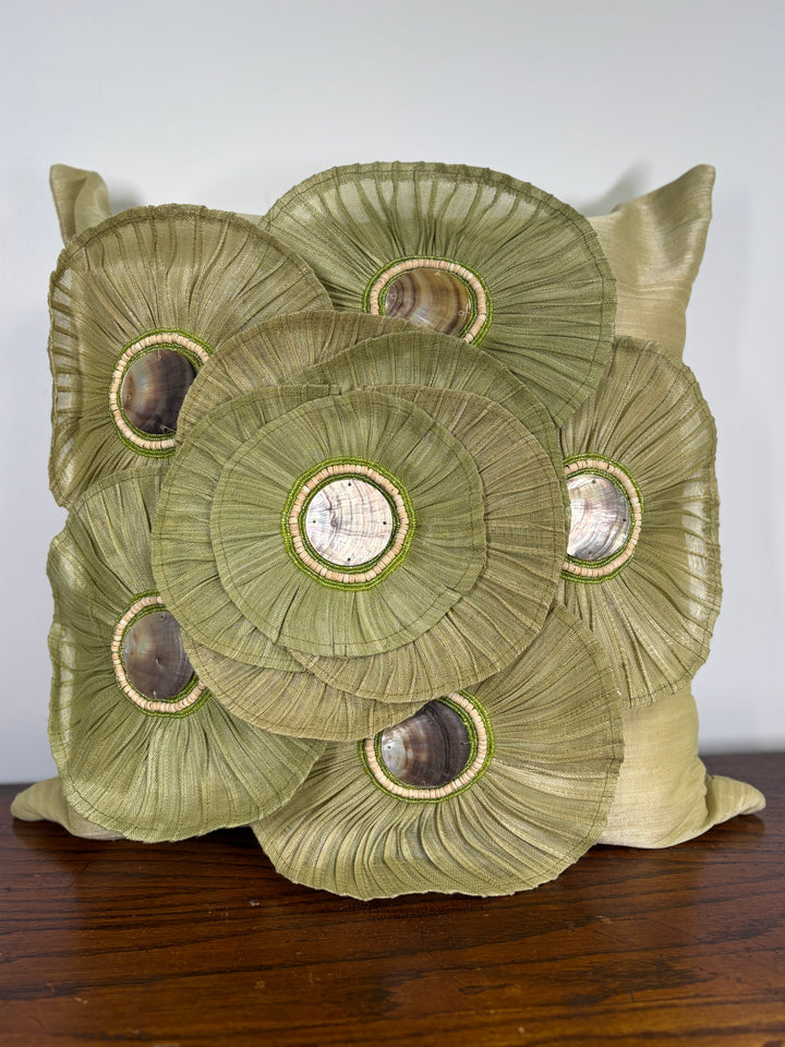 Green Silk Decorative Pillow with Pleated Rosettes and Shell Embellishments