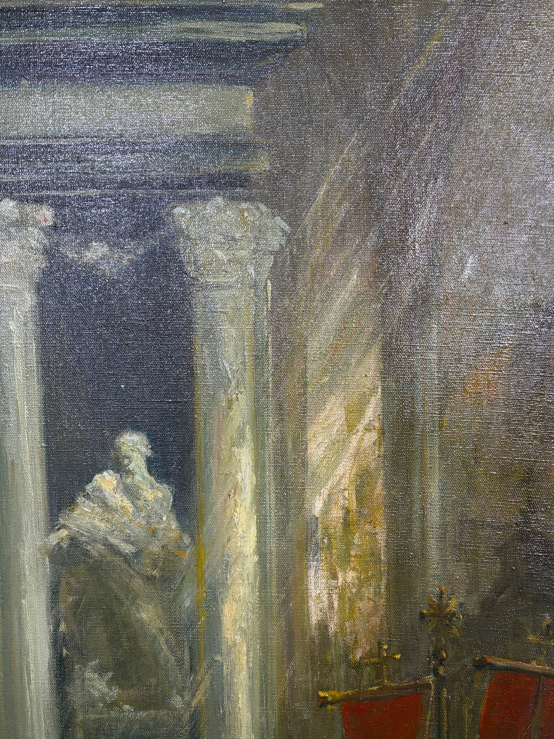 Framed Oil Painting of Church Interior with Columns