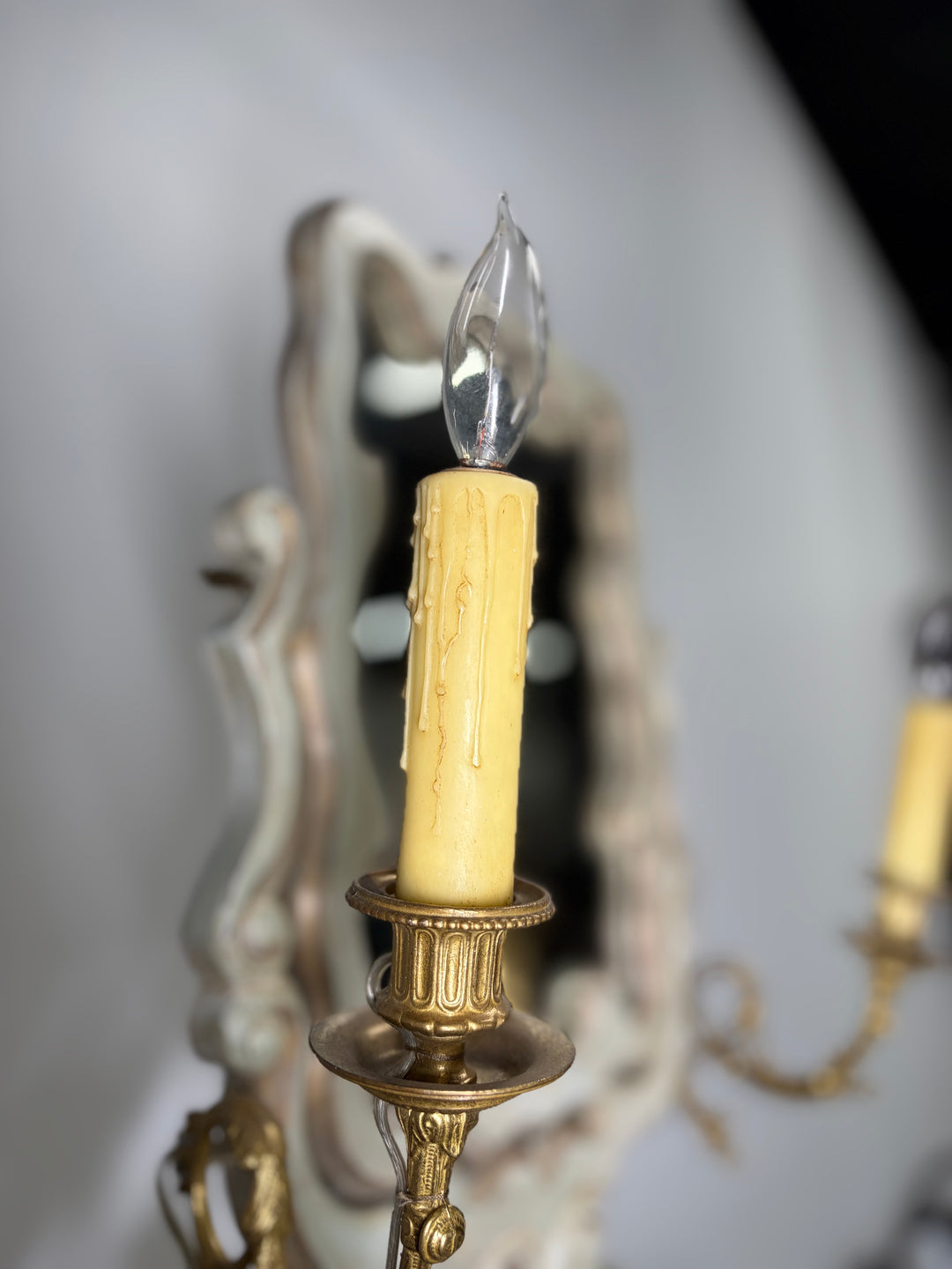 Baroque-Style Vanity Mirror with Candelabra Arms and Jewelry Box Base