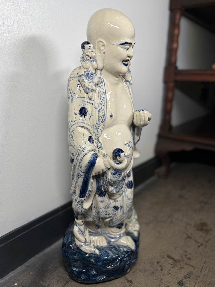 Large Blue & White Porcelain Laughing Buddha Figure with Children
