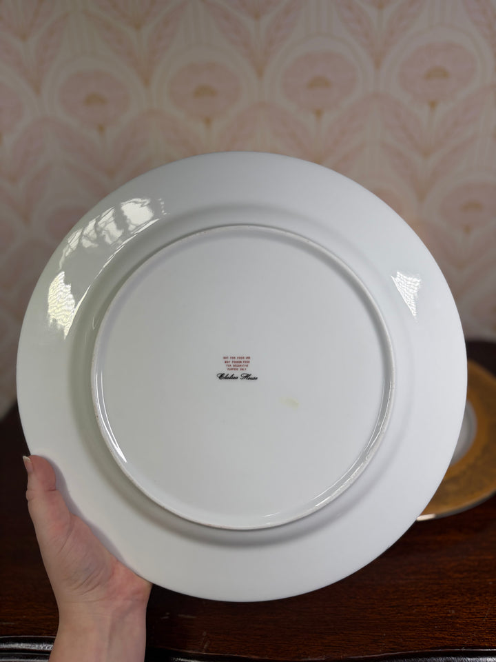 Pair of Decorative Armorial Porcelain Plates with Heavy Gold Borders