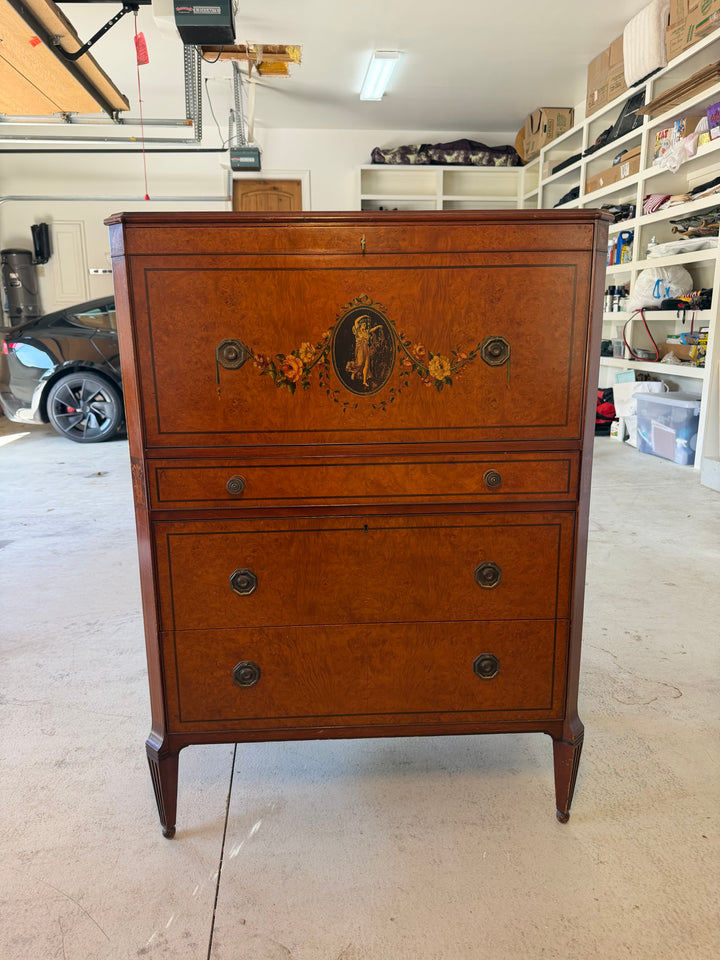 19th Century Hand-Painted Satin Wood Secretary Desk and Dresser