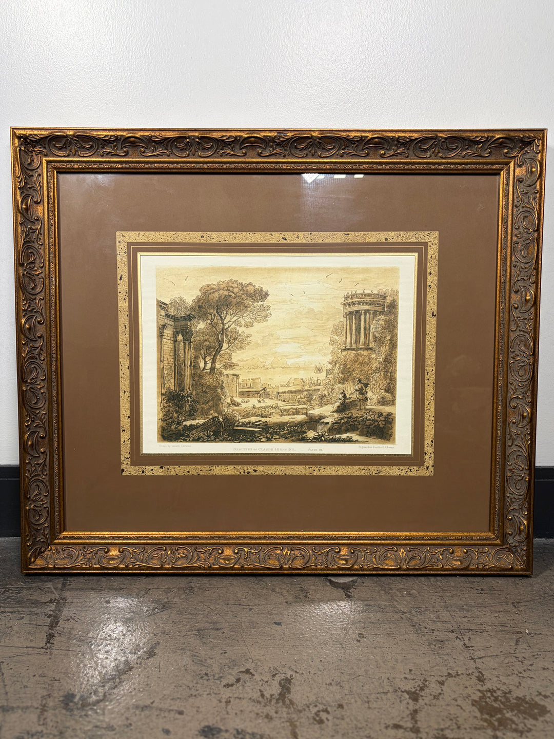 Framed Engraving After Claude Lorraine – Classical Landscape with Ruins