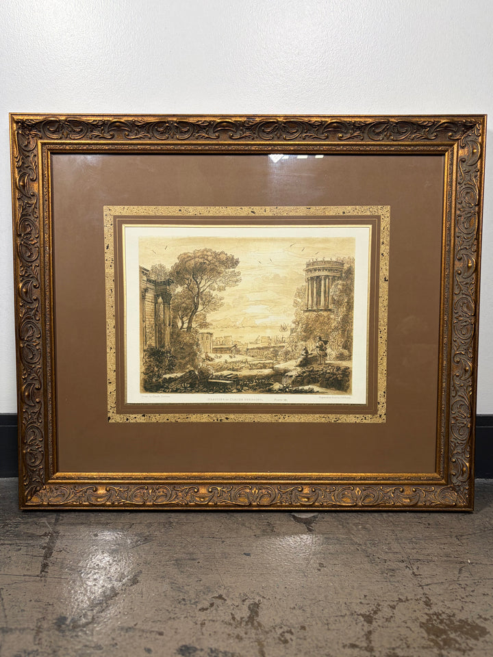 Framed Engraving After Claude Lorraine – Classical Landscape with Ruins
