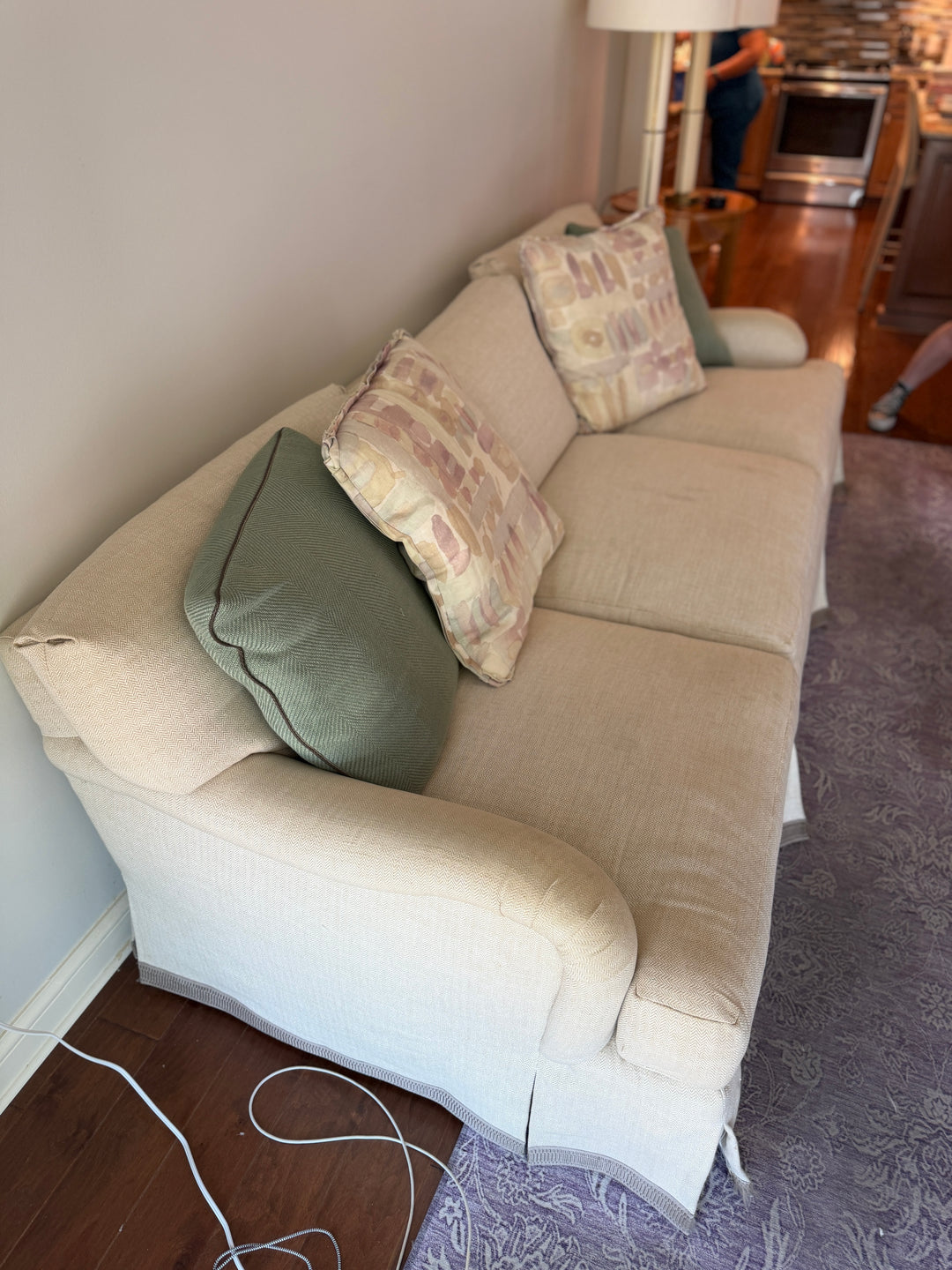 Three-Seat Skirted Sofa in Cream Woven Fabric