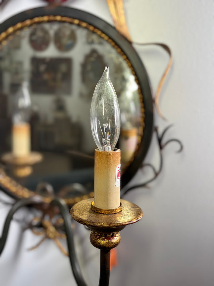 Vintage Two-Light Wall Sconce with Round Mirror and Decorative Ironwork
