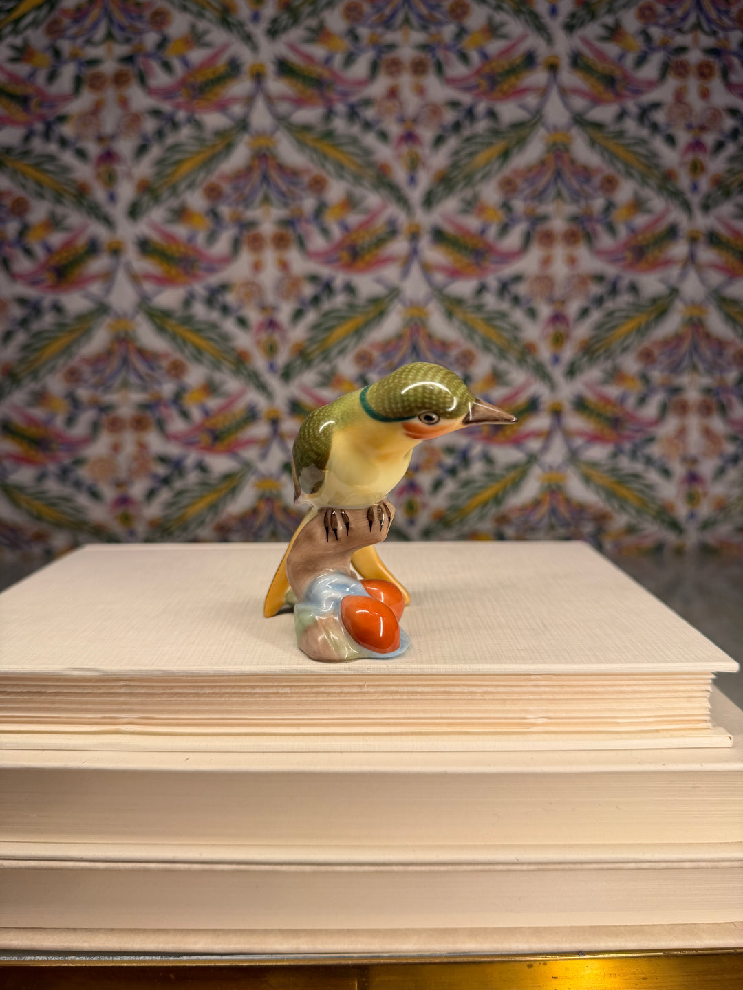 Herend Porcelain Bird Figurine on Branch with Berries