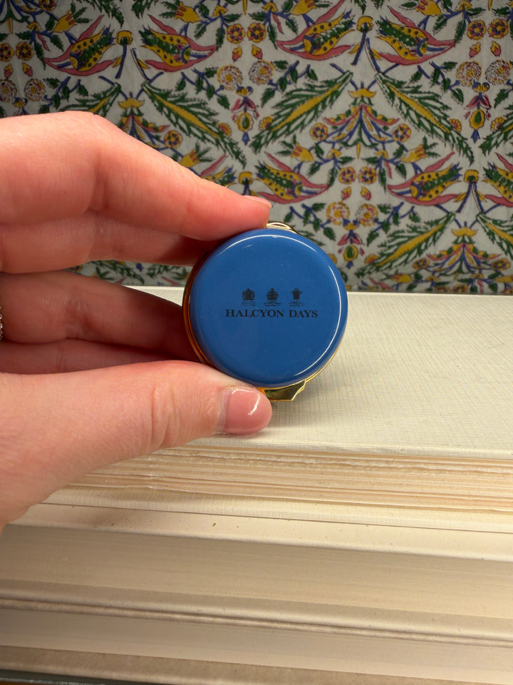 Halcyon Days Blue Enamel Pill Box with 'When I Count My Blessings' Inscription