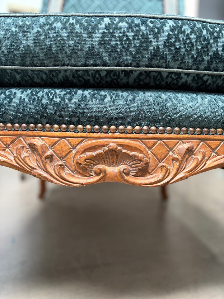 Pair of French Provincial Carved Walnut Armchairs with Teal Velvet Upholstery