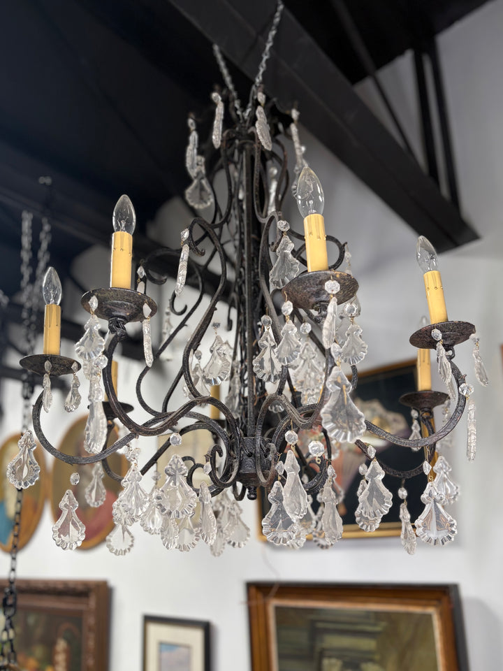 Black Wrought Iron Chandelier with Crystal Drops