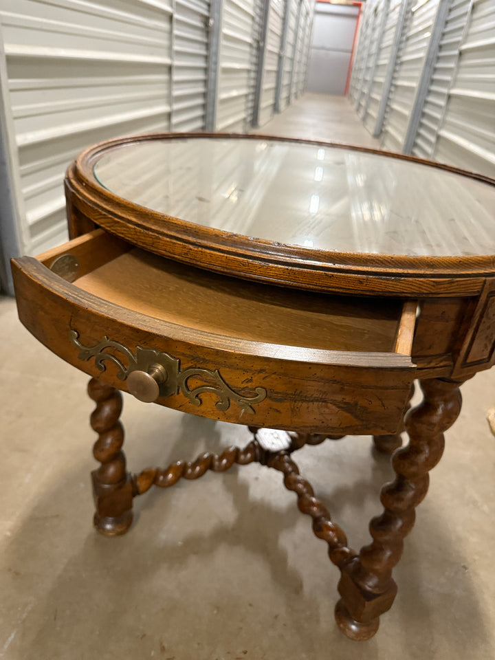 Baker Furniture English Barley Twist Oak and Burl Wood Tea Table