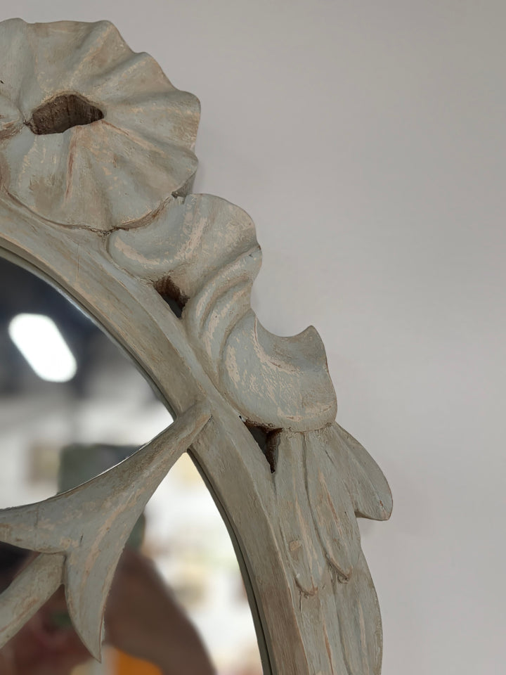 Pair of Oval White Carved Resin Wall Mirrors with Bow & Arrow Motif