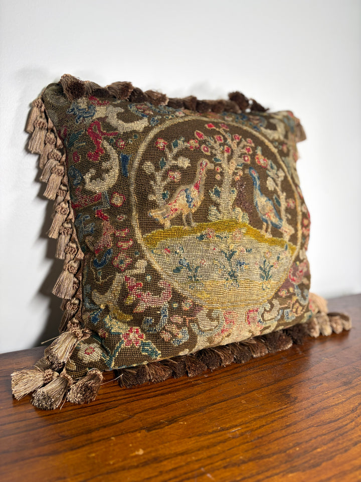 Needlepoint Tapestry Pillow with Birds and Floral Medallion