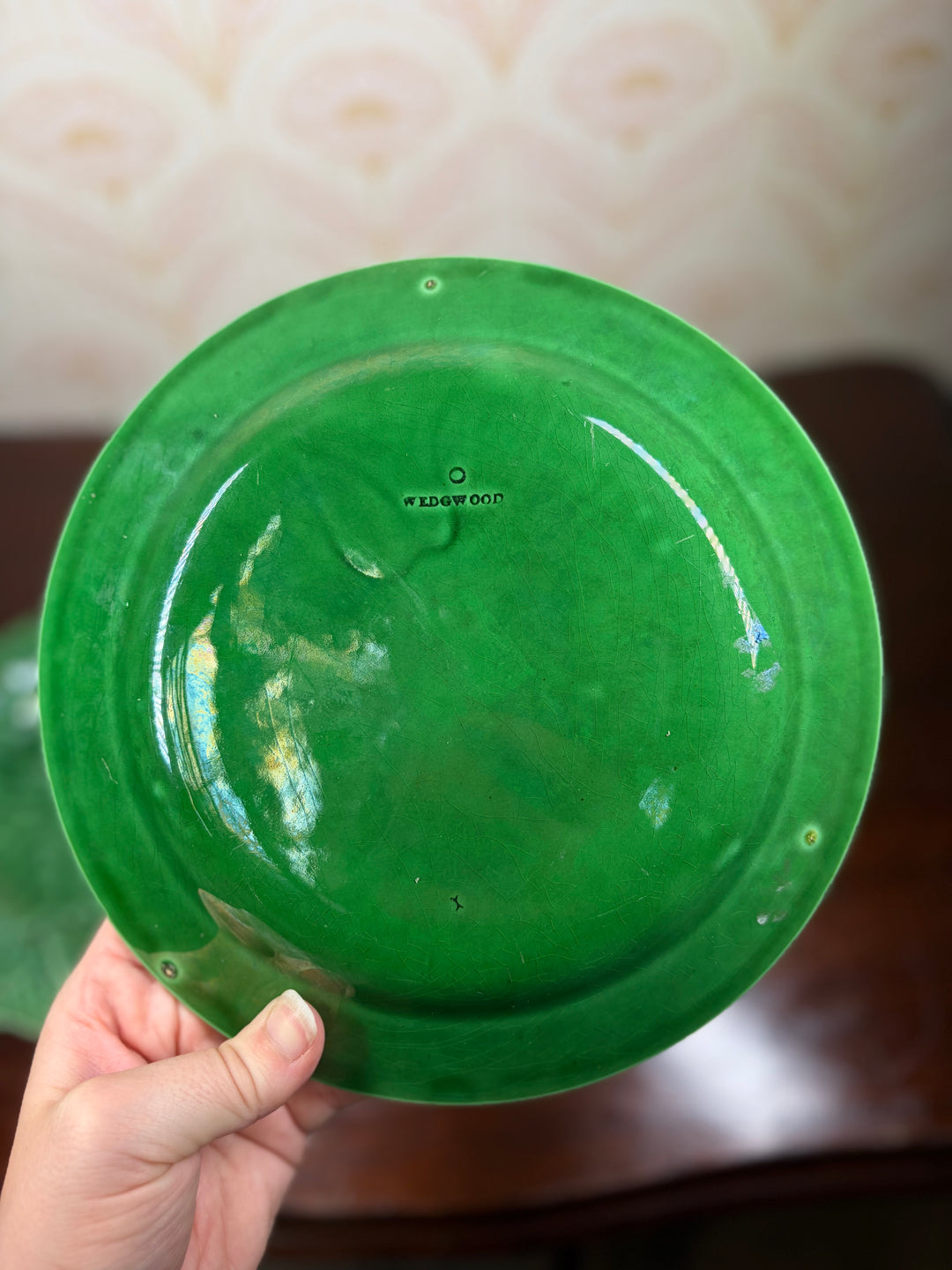 Pair of Green Majolica Leaf Pattern Plates