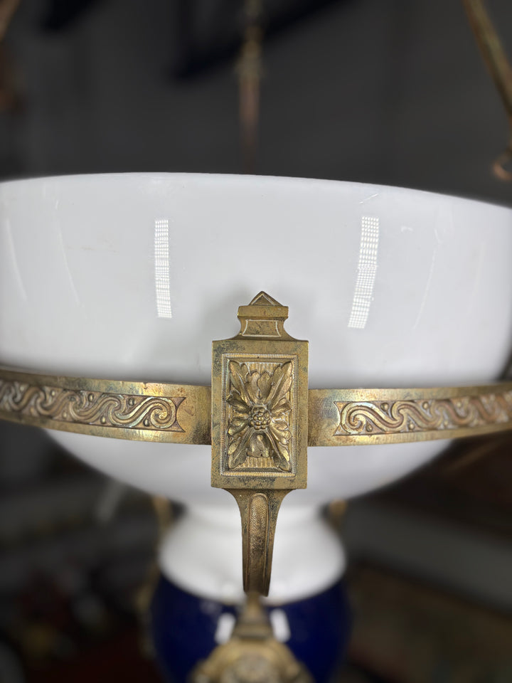 Neoclassical Brass and Cobalt Porcelain Chandelier with Opaline Glass Bowl