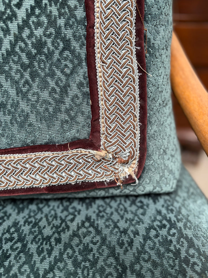 Pair of French Provincial Carved Walnut Armchairs with Teal Velvet Upholstery