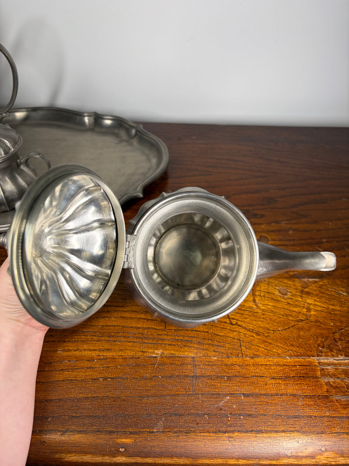 Pewter Tea Set on Tray (4 Pieces)