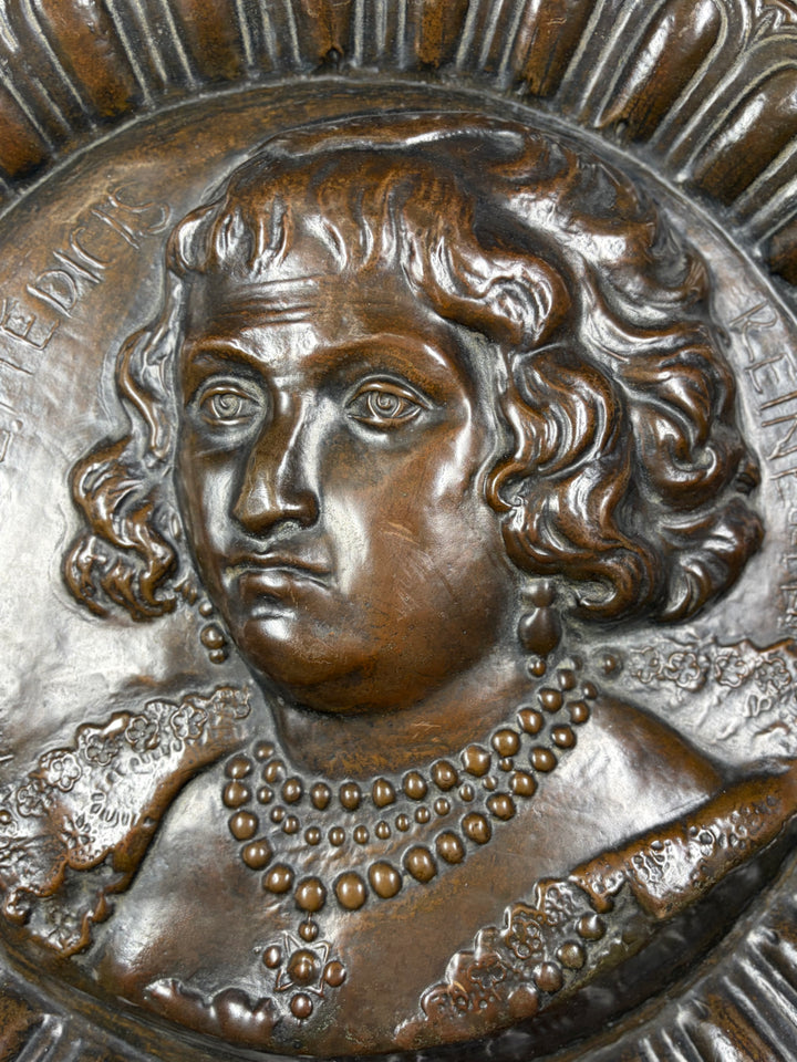 Pair of Large Bronze Relief Chargers with Portrait Bust and Heraldic Decoration