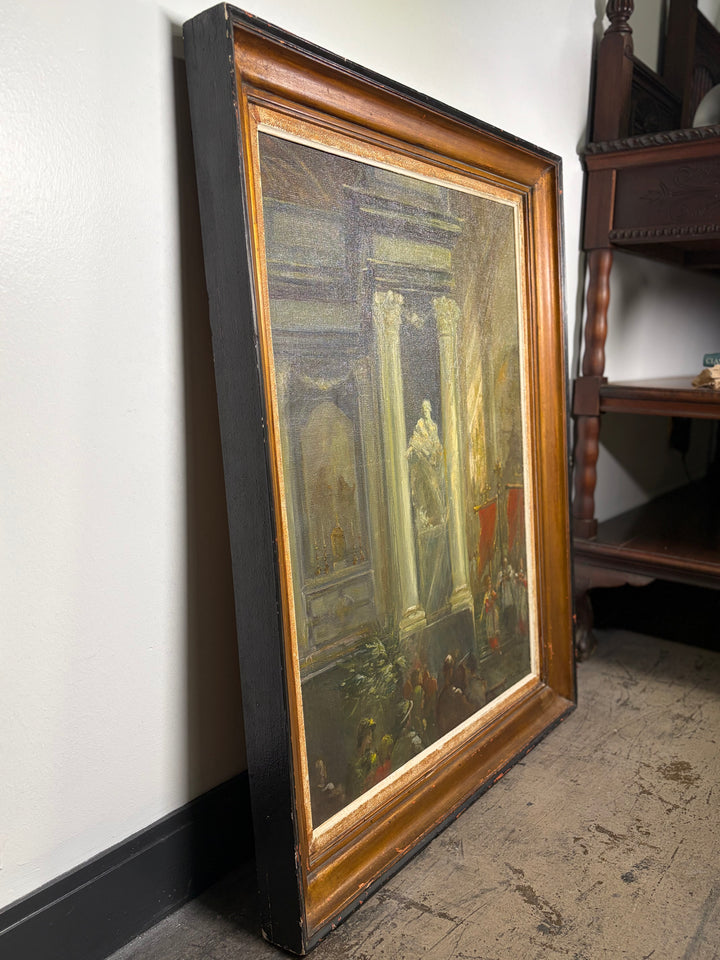 Framed Oil Painting of Church Interior with Columns