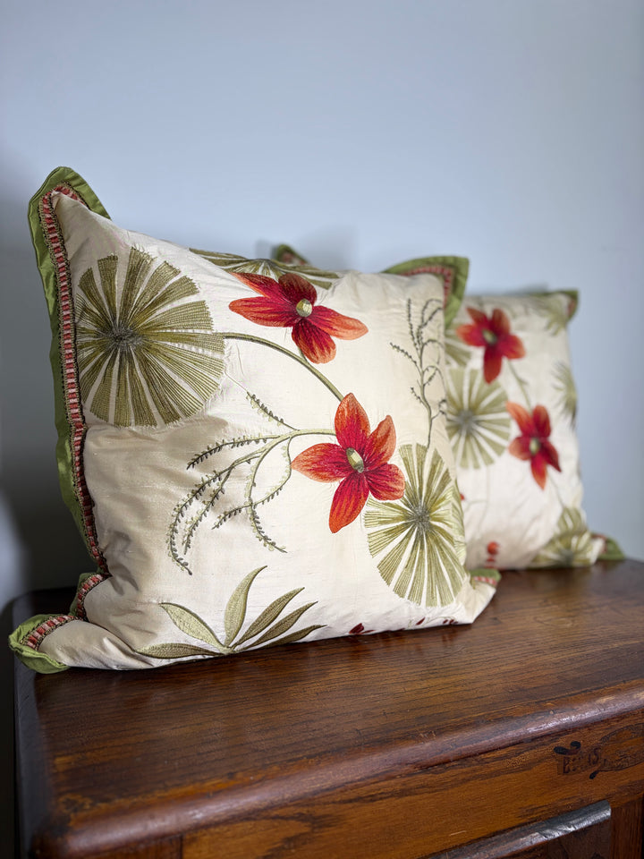 Pair of Embroidered Floral Decorative Throw Pillows