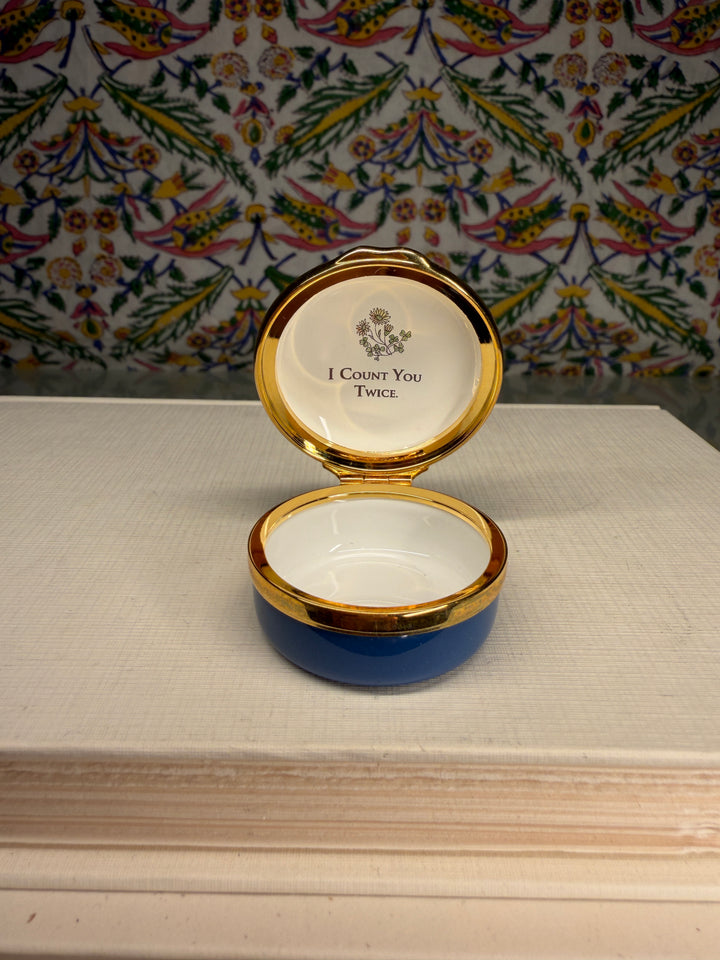 Halcyon Days Blue Enamel Pill Box with 'When I Count My Blessings' Inscription