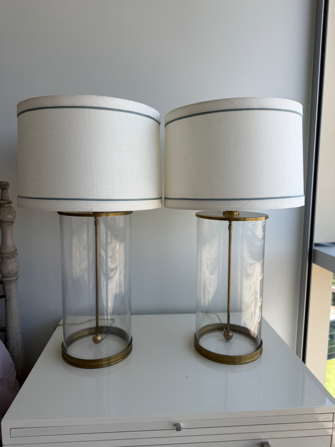 Pair of Glass Cylinder & Brass Table Lamps with Drum Shades