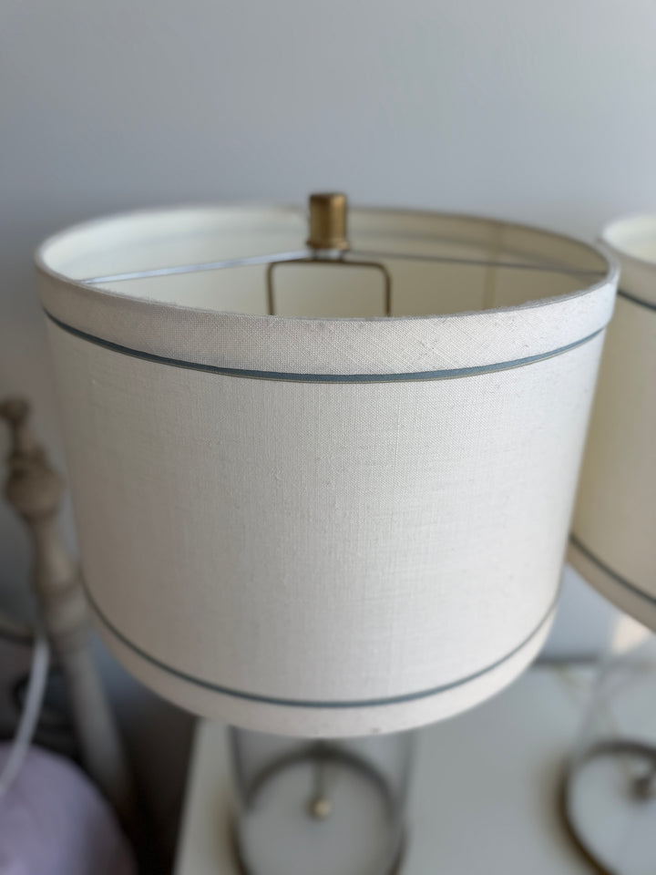 Pair of Glass Cylinder & Brass Table Lamps with Drum Shades