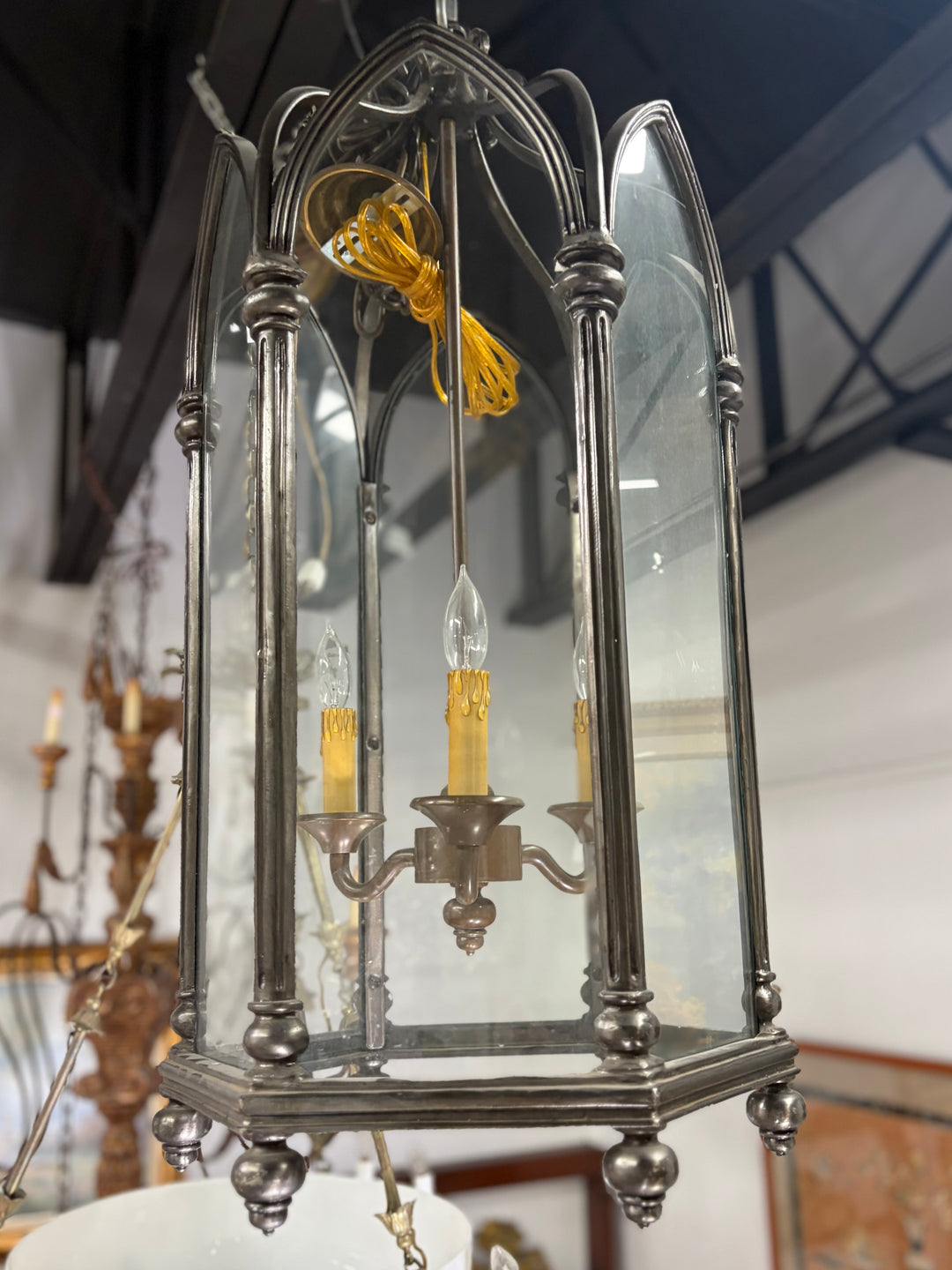 Large Gothic-Style Dark Metal and Glass Pendant Lantern Chandelier