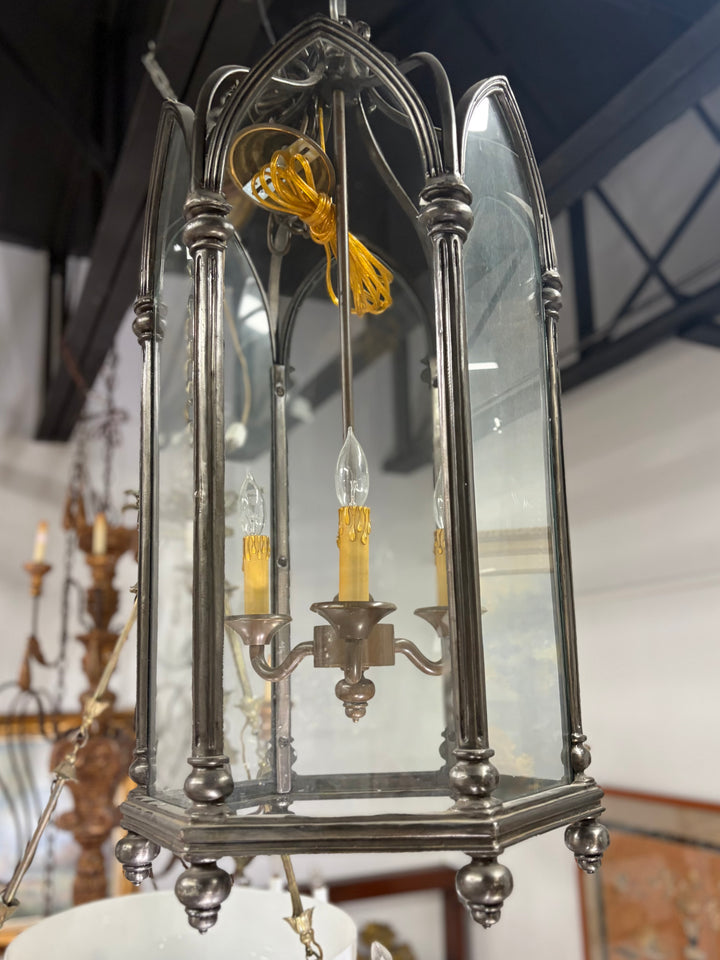 Large Gothic-Style Dark Metal and Glass Pendant Lantern Chandelier