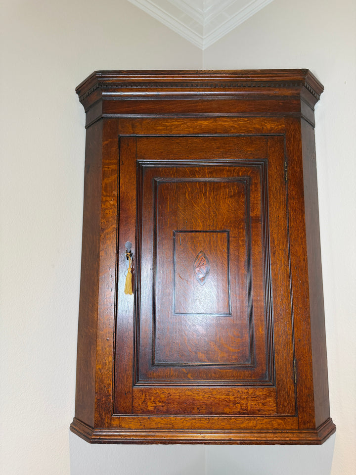 Georgian Oak Mahogany Inlaid Wall Hanging Corner Cupboard