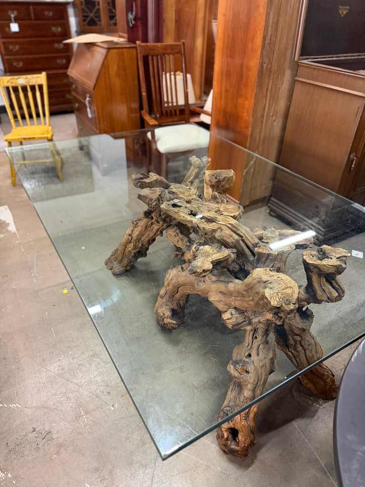 Vintage Glass-Topped Driftwood Coffee Table