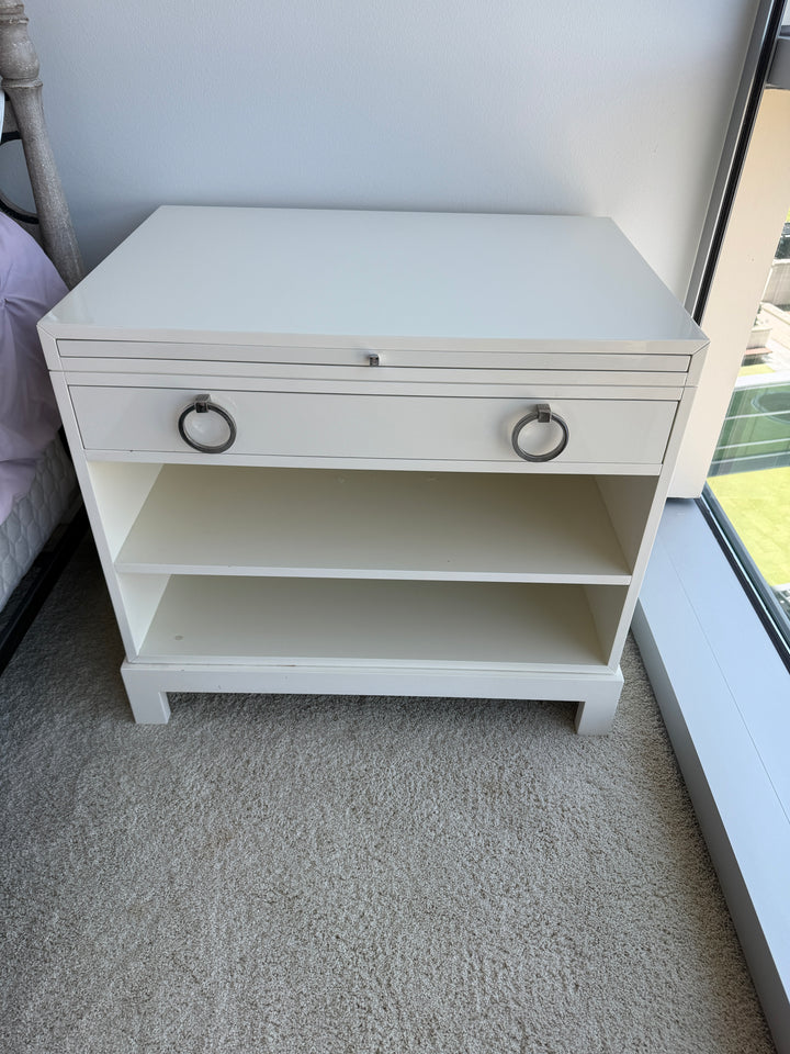 White Lacquered Nightstand with Ring Pulls and Open Shelves