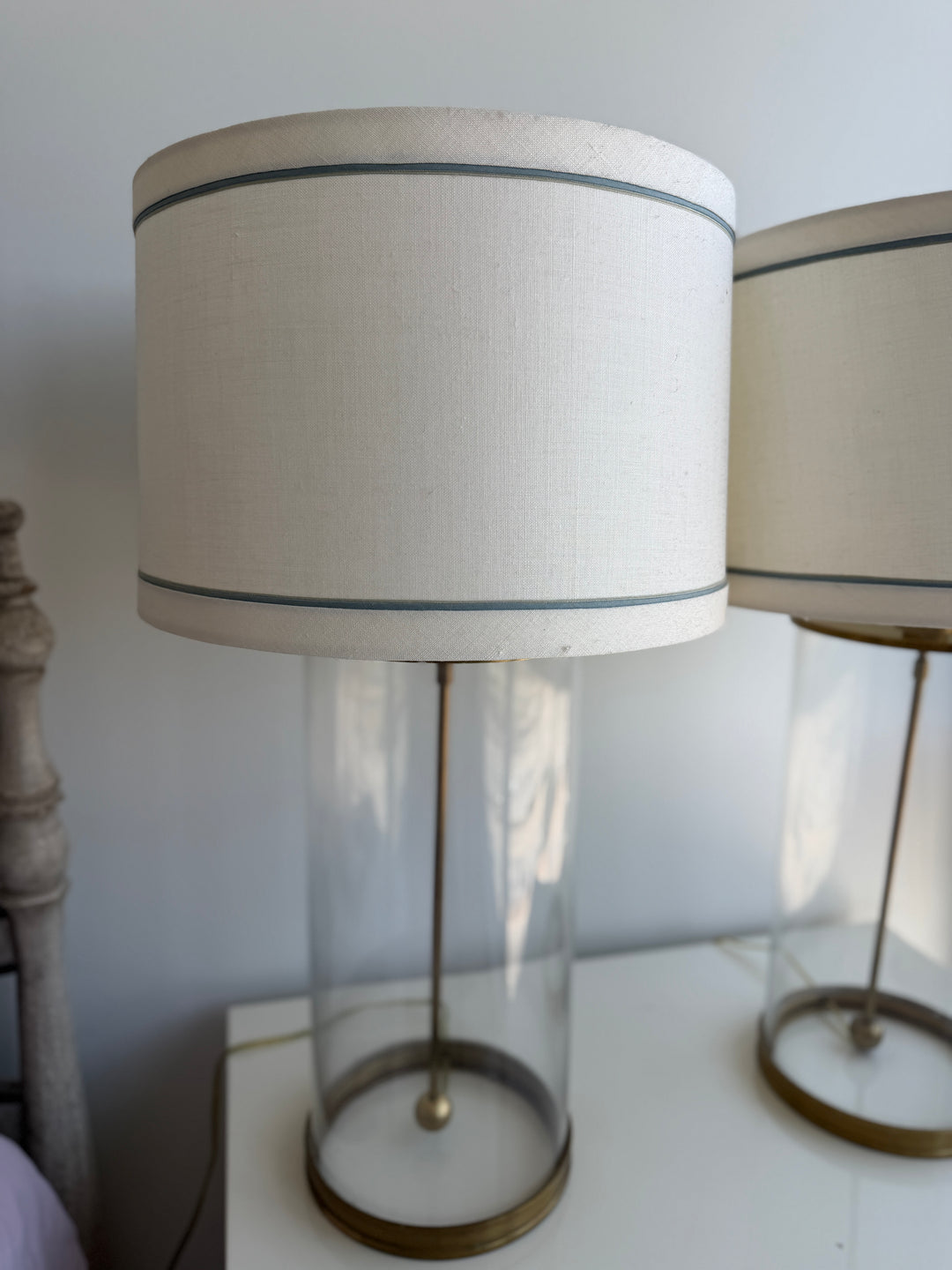 Pair of Glass Cylinder & Brass Table Lamps with Drum Shades