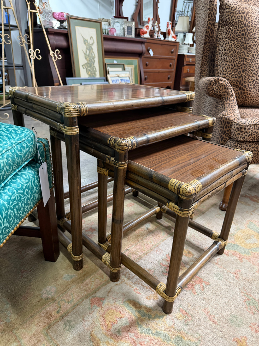 3 Vintage Wood and Rattan Nesting Tables