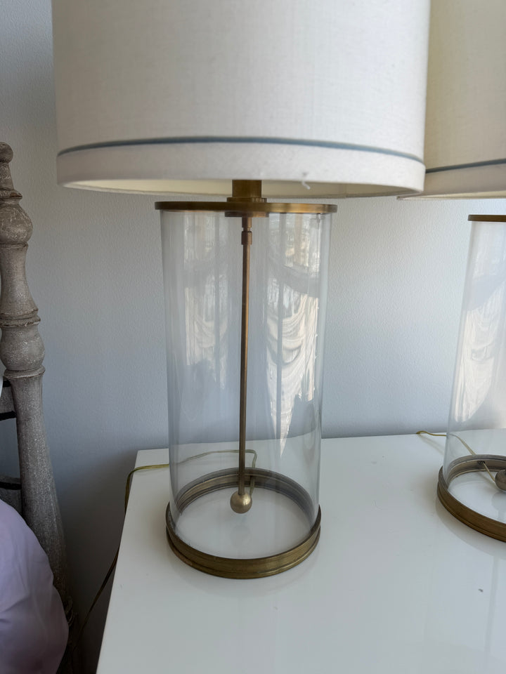 Pair of Glass Cylinder & Brass Table Lamps with Drum Shades