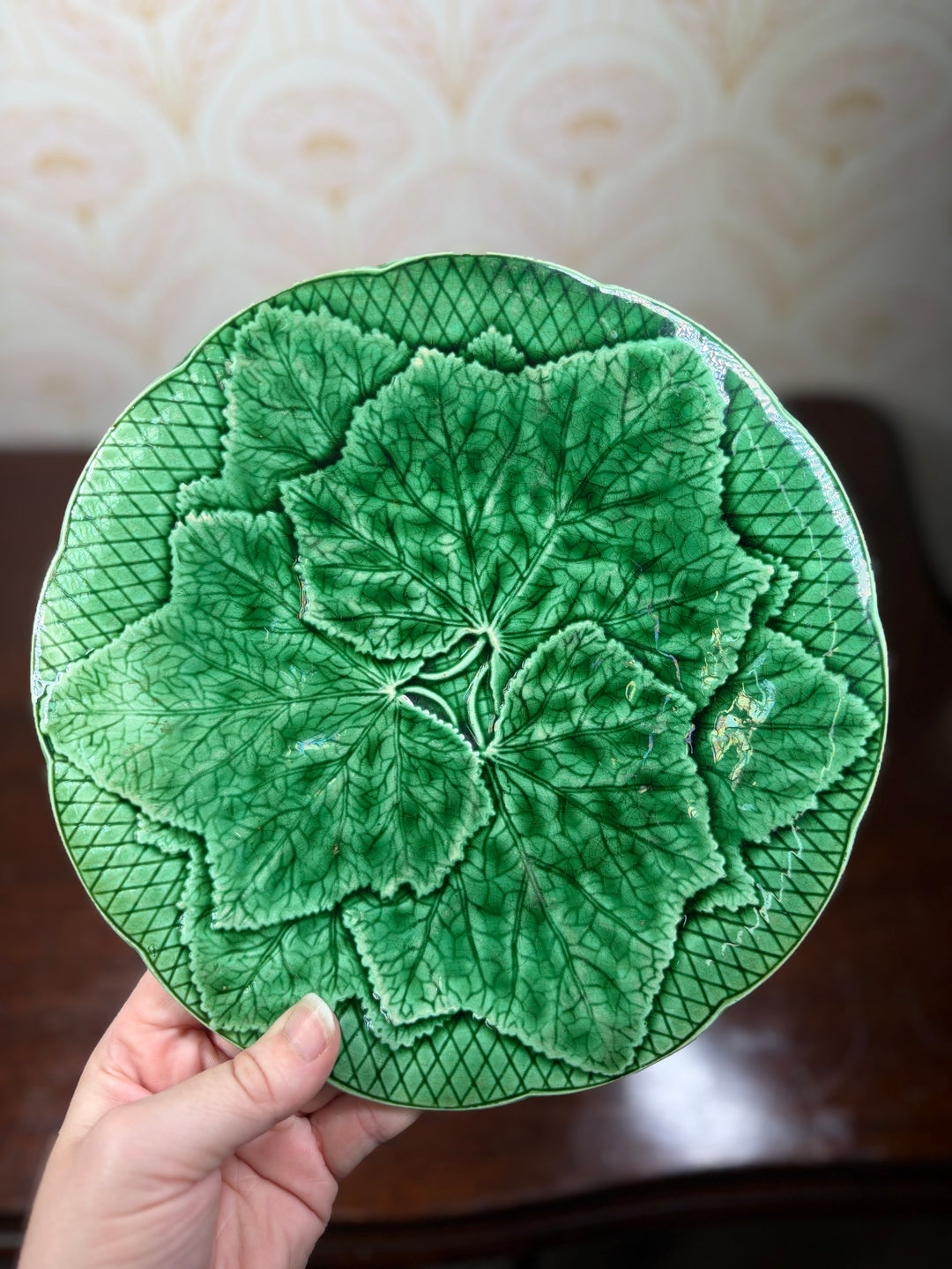 Pair of Green Majolica Leaf Pattern Plates