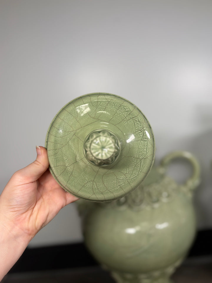 Pair of Celadon Green Ceramic Lidded Urns with Handles