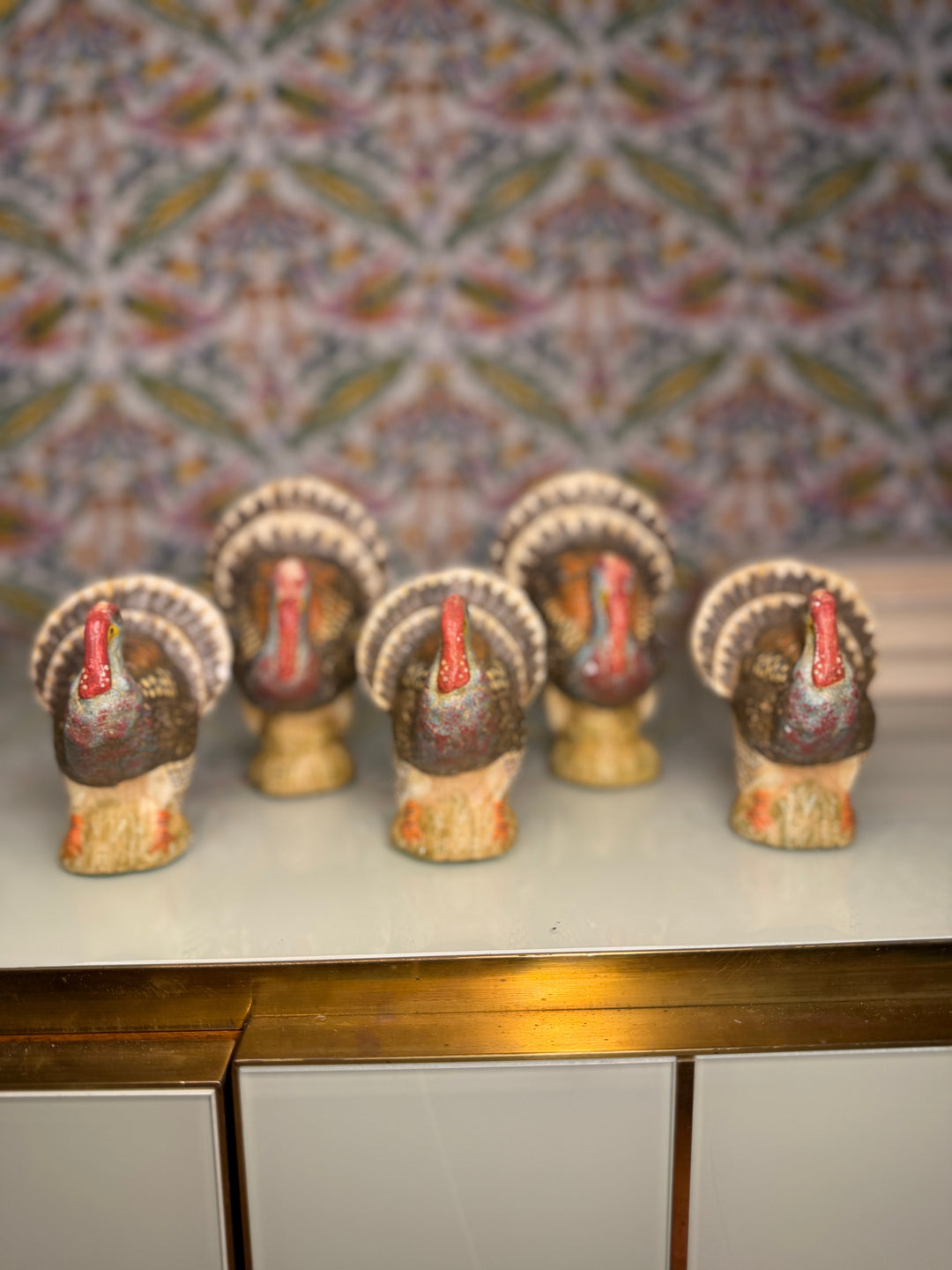 Set of Five Painted Ceramic Turkey Figurines