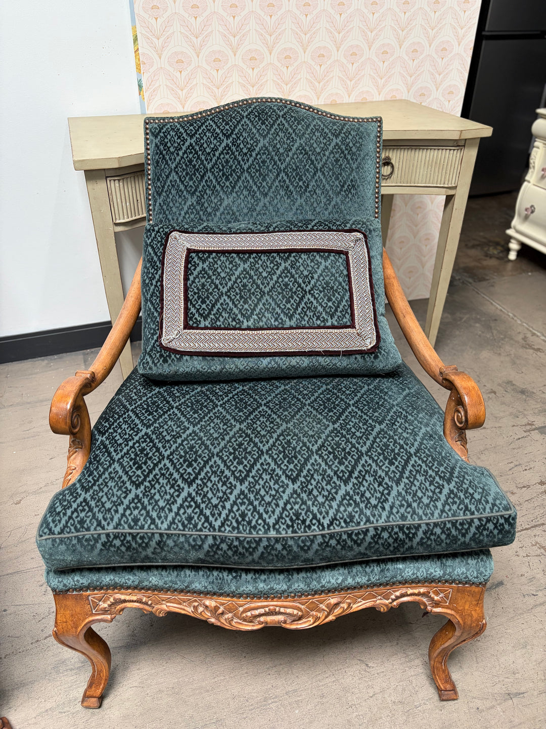 Pair of French Provincial Carved Walnut Armchairs with Teal Velvet Upholstery