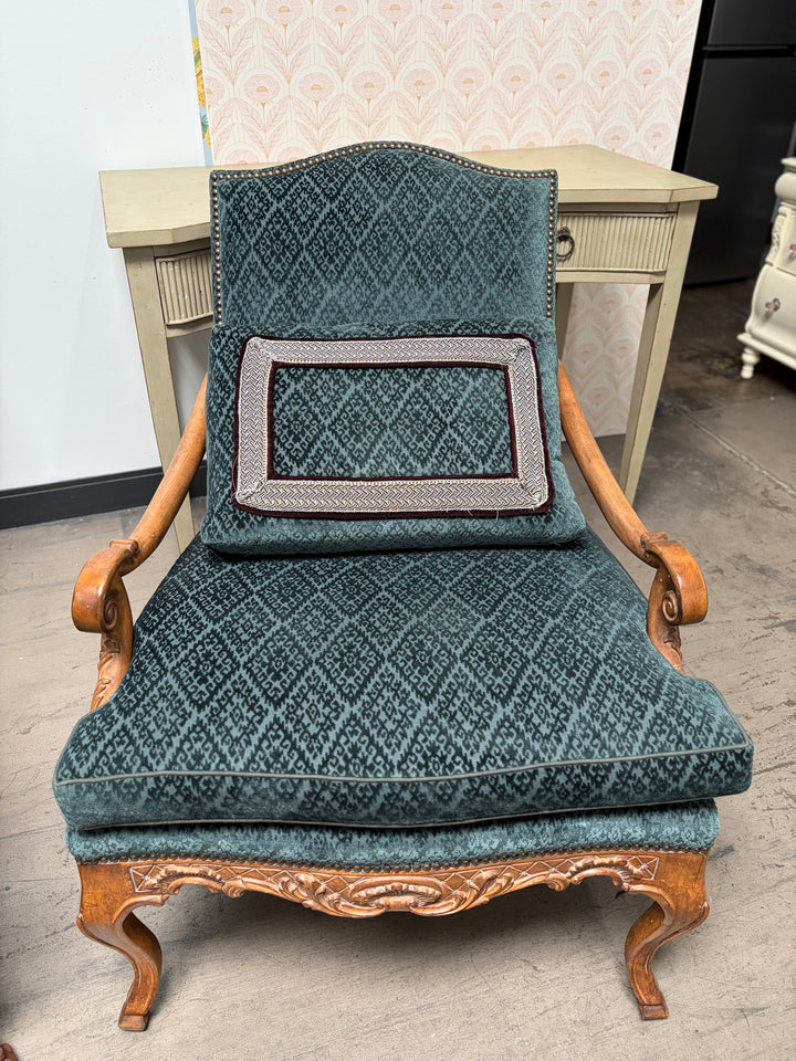 Pair of French Provincial Carved Walnut Armchairs with Teal Velvet Upholstery