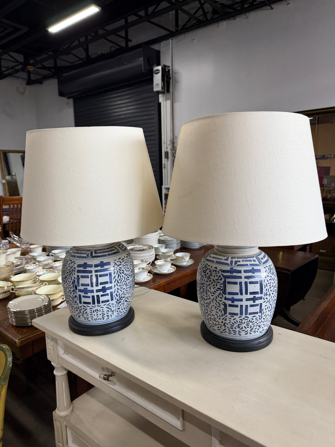 Set of 2 Blue and White Double Happiness Lamps