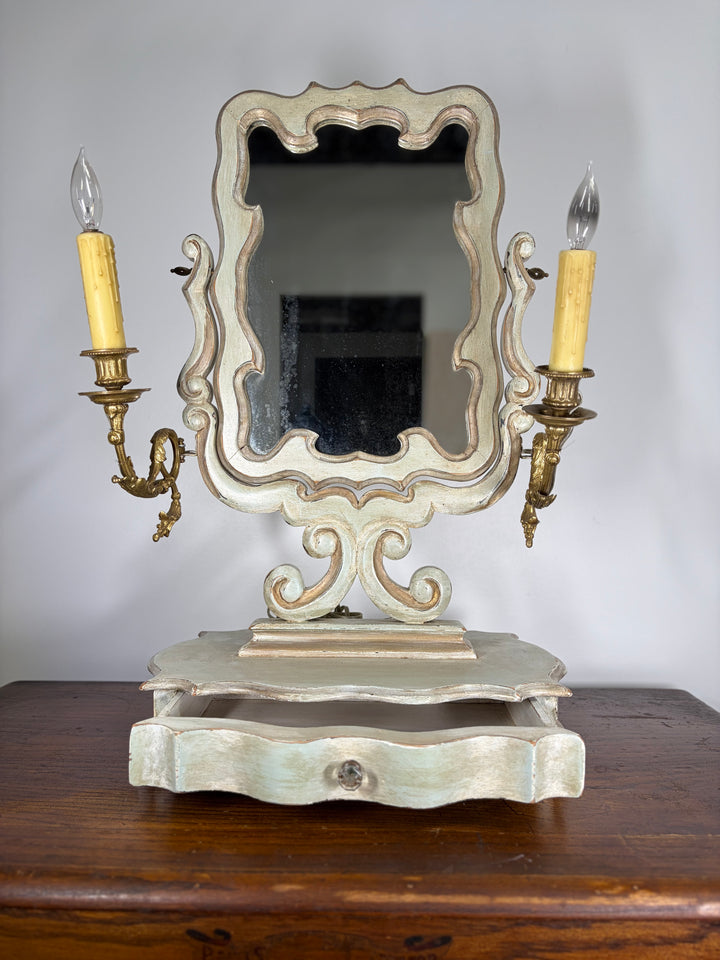 Baroque-Style Vanity Mirror with Candelabra Arms and Jewelry Box Base