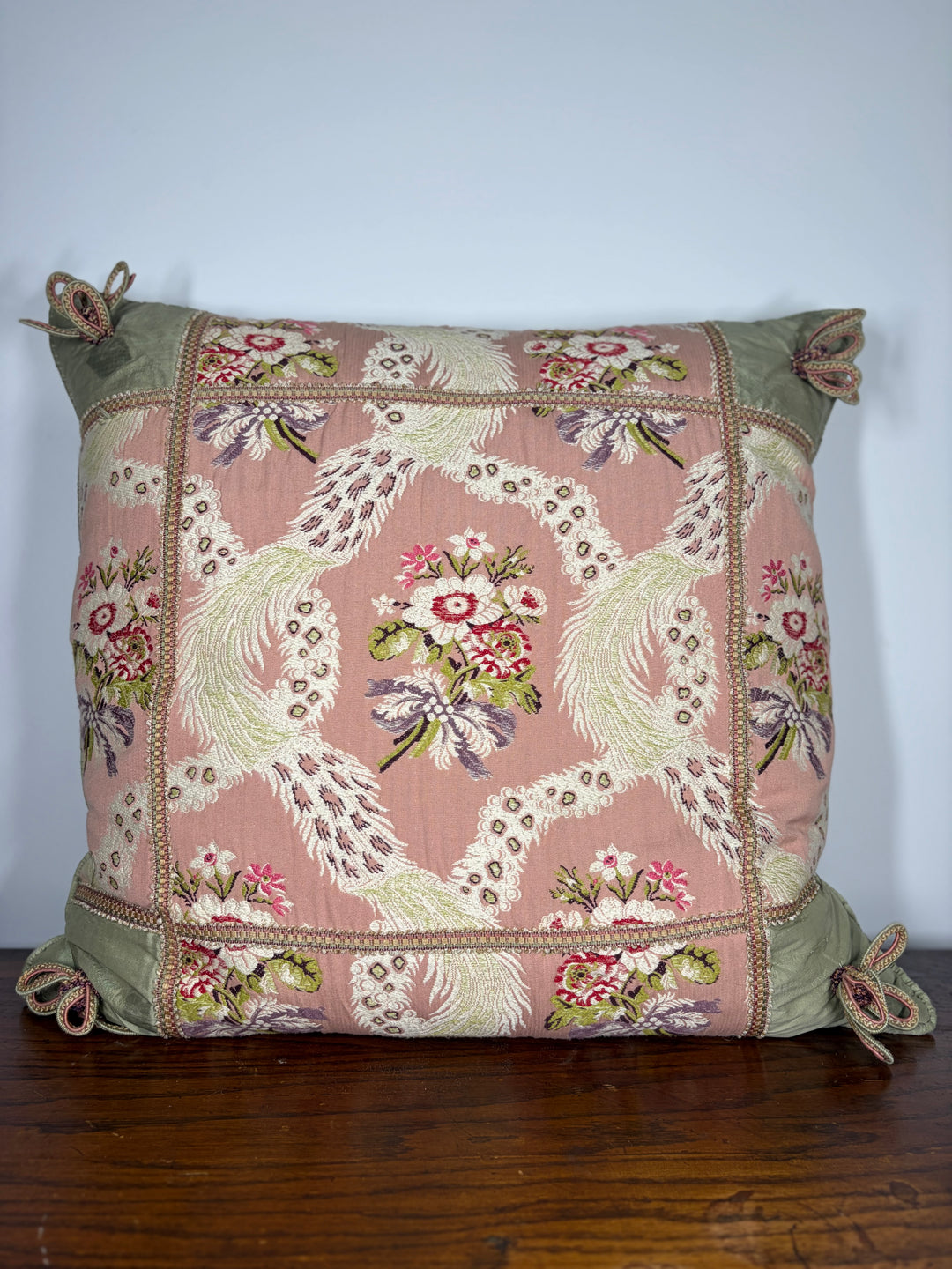 Pink & Green Floral Brocade Decorative Pillow with Corner Bows