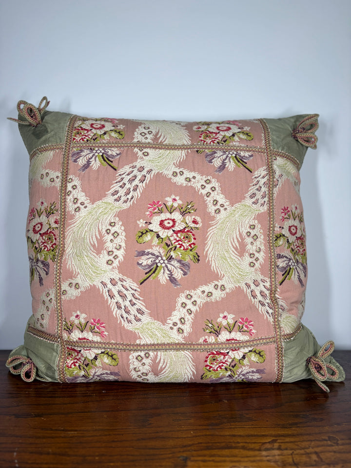 Pink & Green Floral Brocade Decorative Pillow with Corner Bows
