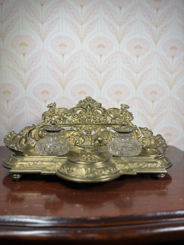 Ornate Gilt Brass Double Inkwell Desk Stand