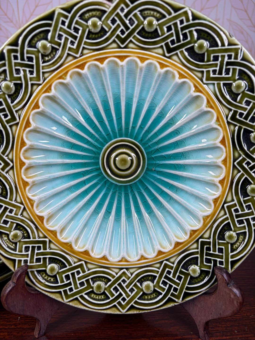 Set of Three Majolica-Style Ceramic Plates with Celtic Knotwork Border